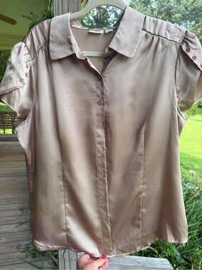 Cato Shimmery Taupe Button-Down Cap Sleeve Blouse